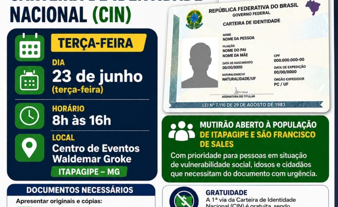 Polícia Civil e Prefeitura divulgar horário do mutirão gratuito para emissão da nova Carteira de Identidade Nacional